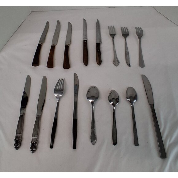 Stainless Steel Flatware Lot of 16 Assorted Brands & Mixed Forks Knives & Spoons - Picture 2 of 15